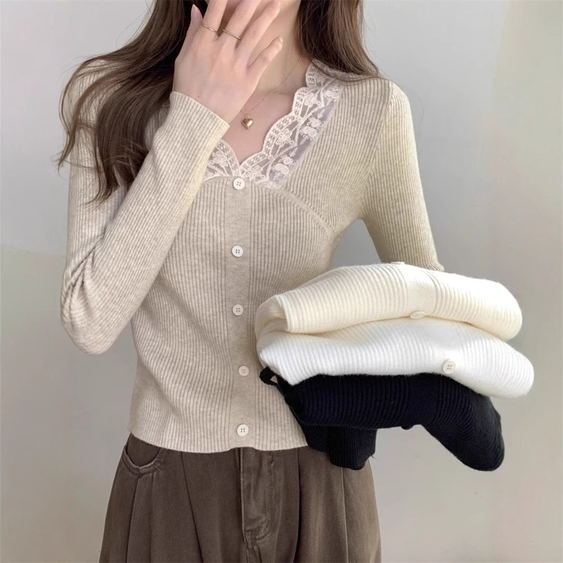 Lace V-Neck Knit Sweater for Women, Autumn and Winter Slim Fit Base Layer Sweater, French Style High-End Top