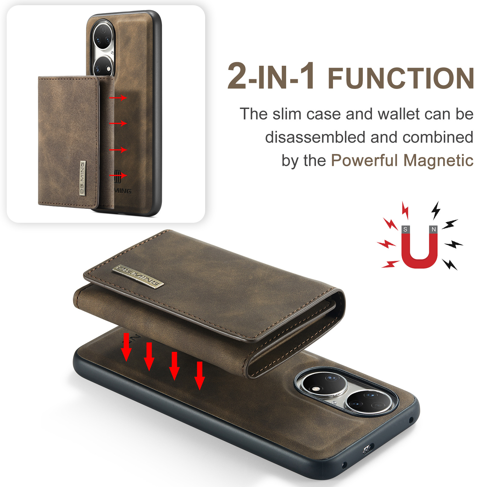 Custodia protettiva in pelle con portafoglio magnetico a ventosa serie M1 per Huawei P50 P50 Pro 2 in 1 custodia per telefono con portafoglio diviso_voghion.com