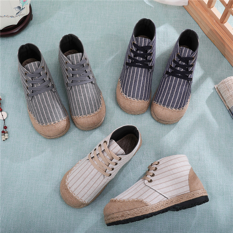 2025秋冬款直条纹棉麻布靴女  民族风中帮女鞋透气亚麻系带大头鞋