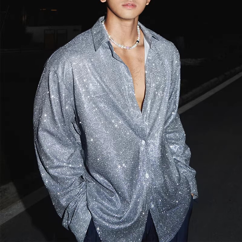Autumn Soft Light Shirt for Men, Loose Casual, Perfect for Dates, Unique and Sophisticated Long-Sleeve Shirt for Stage Performances