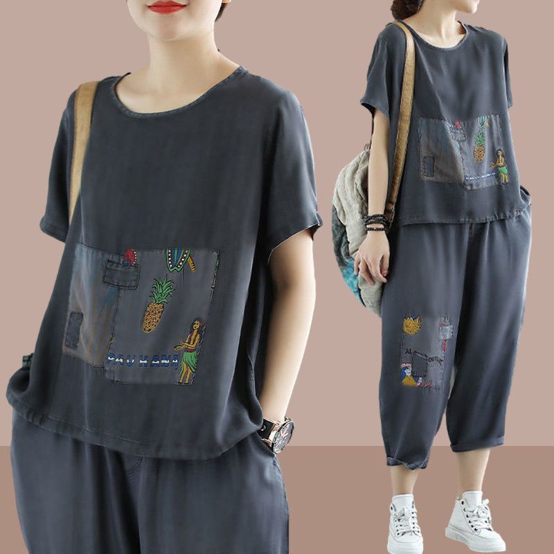 2026 New Summer Clothing, Artistic Retro Printed Short-Sleeved T-Shirt Suit for Women, Tencel Denim Casual Loose Two-Piece Set 2026 New Summer Clothing, Artistic Retro Printed Short-Sleeved T-Shirt Suit for Women, Tencel Denim Casual Loose Two-Piece Set