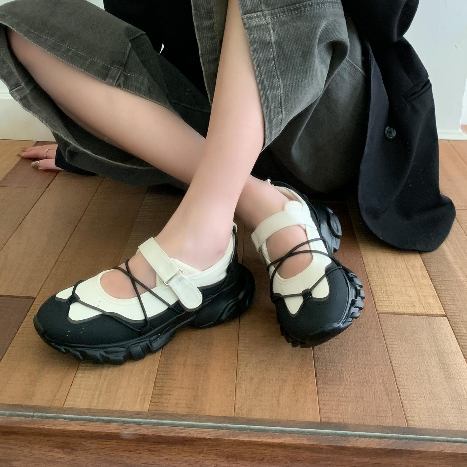 厚底丑萌大头凉鞋女2024年夏季新款百搭网面乐福鞋透气运动单鞋女