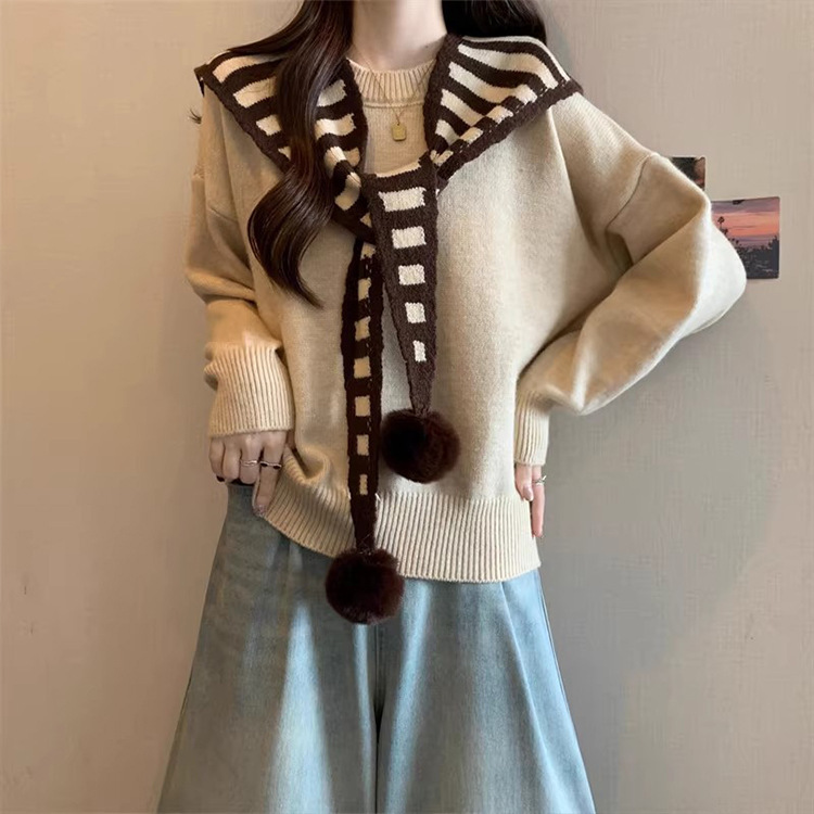 假两件条纹披肩针织衫安可拉红色毛衣女秋冬款宽松针织衫上衣|undefined
