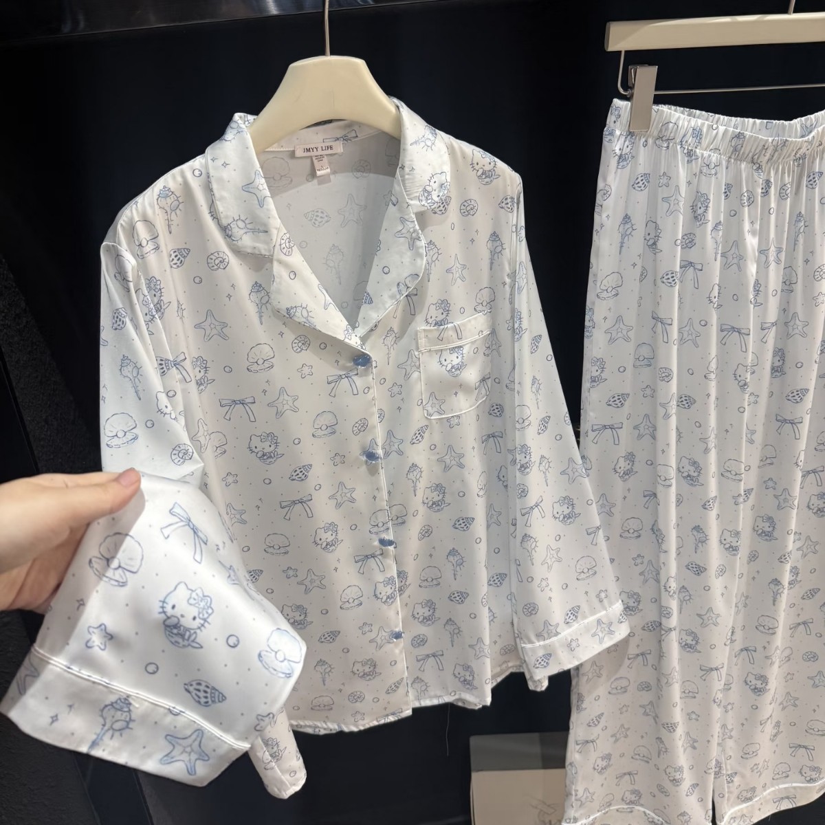 Love Button Blue Kate Cat Pajamas Women's Long-Sleeved Pants Ice Silk Ice-Feel Home Wear Set Non-Returnable and Non-Exchangeable