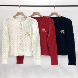 R美式别致刺绣麻花毛衣开衫女秋冬纯棉长袖圆领针织衫2025新款