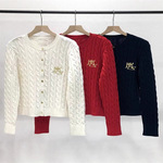 R美式别致刺绣麻花毛衣开衫女秋冬纯棉长袖圆领针织衫2025新款