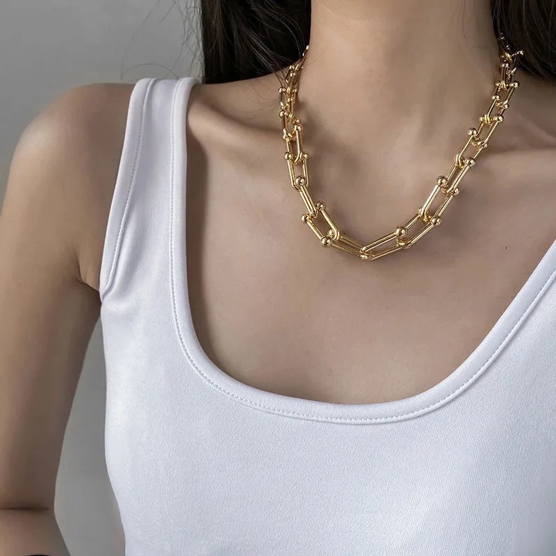 Collana in lega placcata in oro, gioielli fatti a mano a forma di ferro di cavallo personalizzati a forma di U, catena per maglioni, alla moda_voghion.com