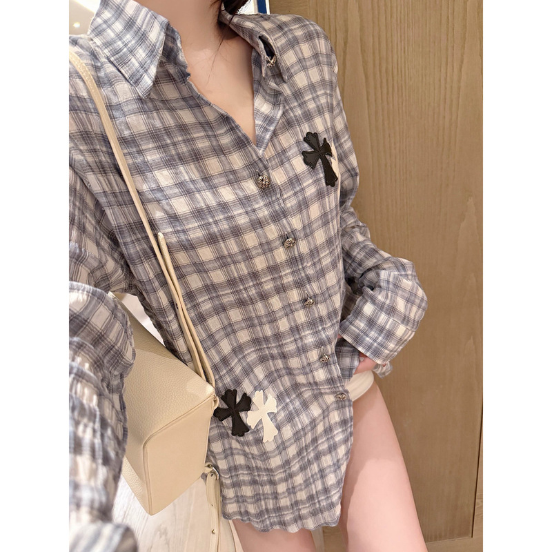 Cross patchwork plaid sun protection shirt jacket for women, thin, loose, slimming, American retro casual long-sleeve shirt Cross patchwork plaid sun protection shirt jacket for women, thin, loose, slimming, American retro casual long-sleeve shirt