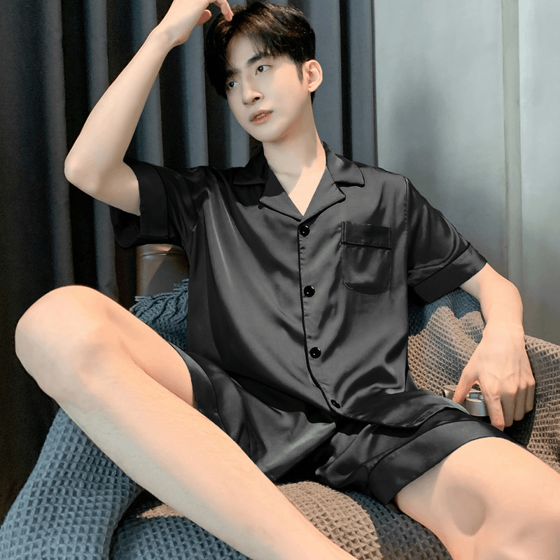 남자 잠옷 여름 아이스 실크 반팔 바지 솔리드 컬러 블랙 여름 얇은 남성 인공 실크 홈 의류 세트