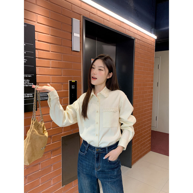 Woven lace trim pocket long-sleeve shirt for women, spring and autumn elegant blouse with a unique design Woven lace trim pocket long-sleeve shirt for women, spring and autumn elegant blouse with a unique design