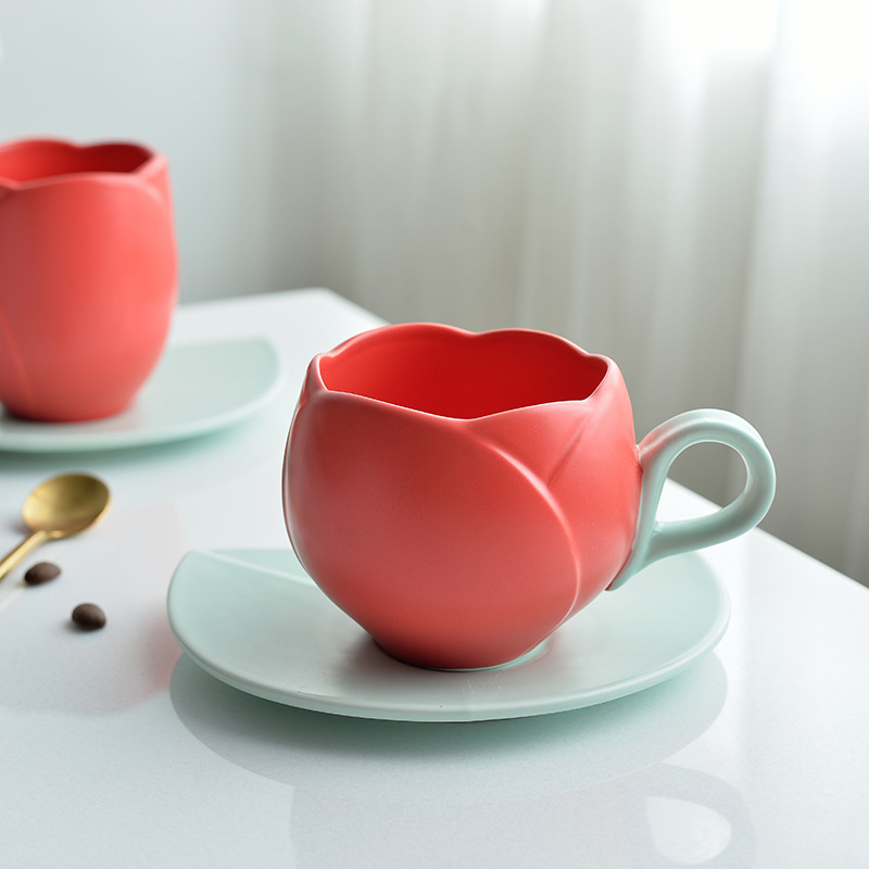 Tulip Flower Ceramic Coffee Cup And Saucer Set For Home Cafe_voghion.com