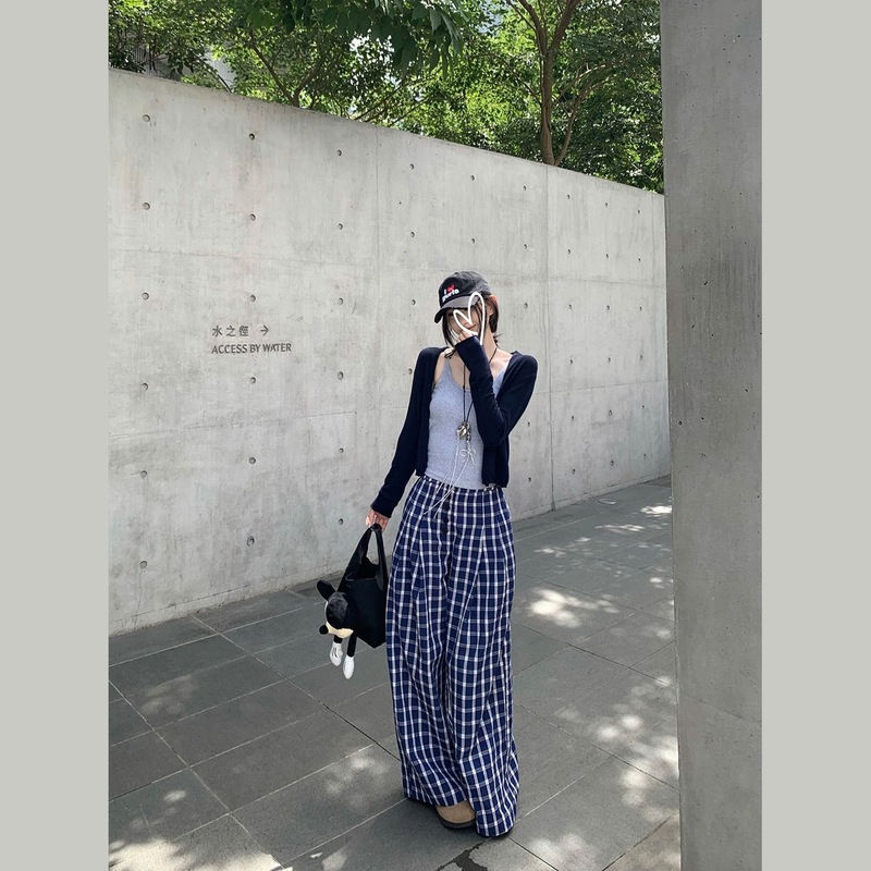 休闲套装带胸垫吊带背心女长袖防晒外套早秋格子阔腿长裤时尚套装|undefined