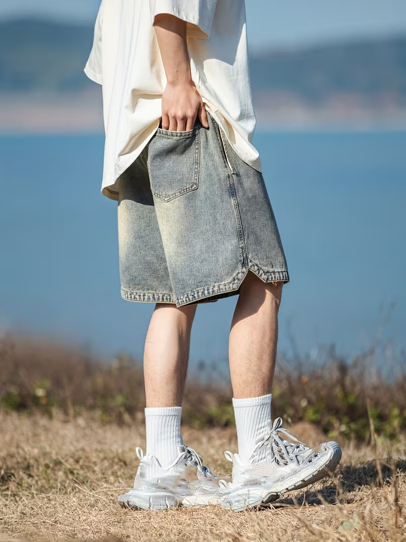 Men's Relaxed Fit Denim Shorts 5-Inch Inseam Drawstring Waist Casual Streetwear Summer Shorts Breathable Cotton Fabric_viptrois.com