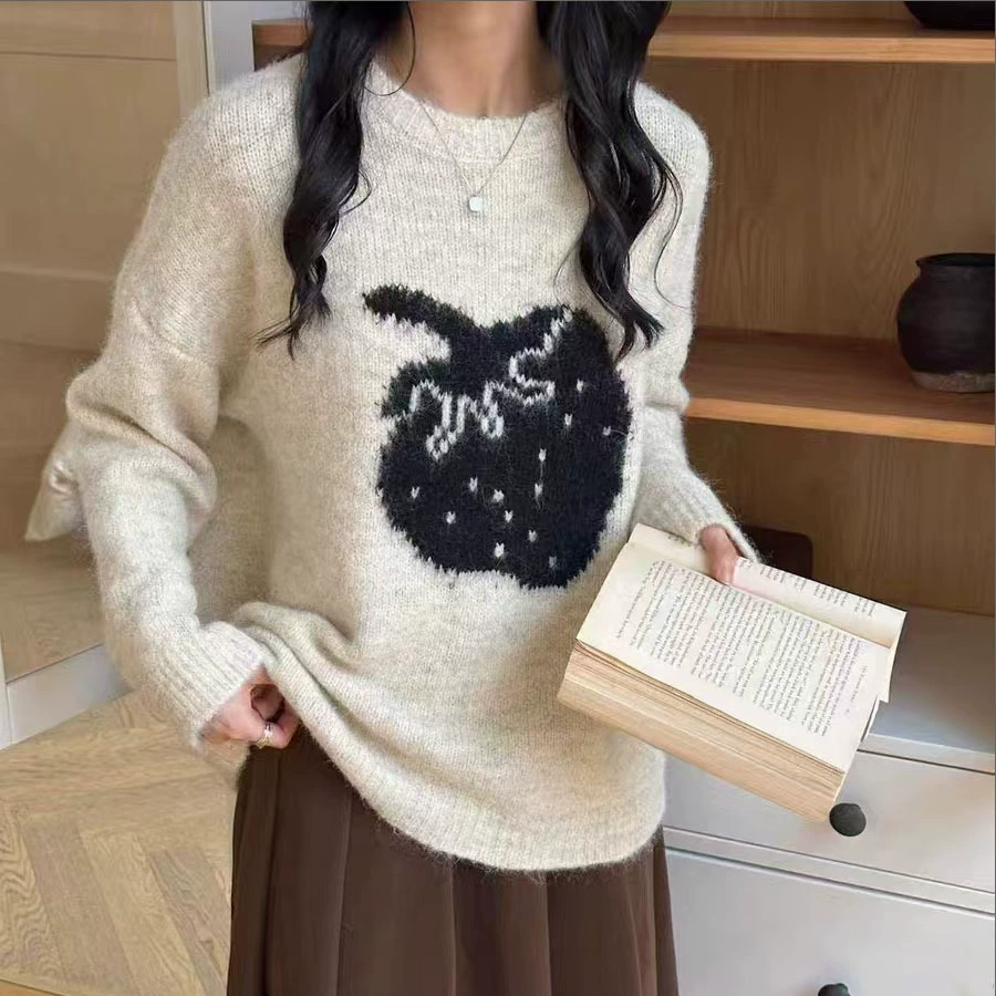 Hongtai осенне-зимний новый стиль вязаный фруктовый мультяшный тяжелый промышленный свитер с круглым вырезом в консервативном стиле, уменьшающий возраст, жаккардовый универсальный свитер с цветным сочетанием