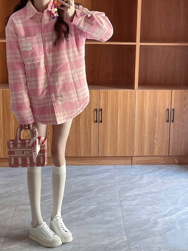 天花板品质 25FW潮牌新款MIU家磨毛格纹按扣外套夹克男女明星同款|undefined