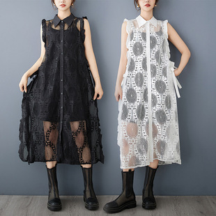 Real shot 2025 spring and summer new loose temperament design shirt lace vest double open lace blouse dress