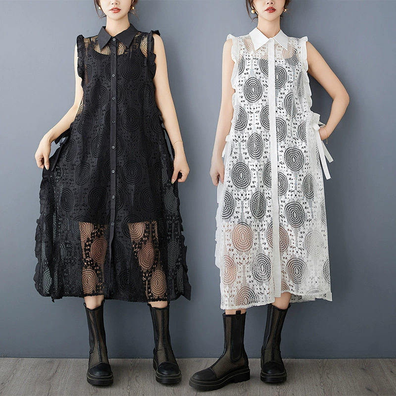 Живой выстрел 2025 весна и лето новый свободный темперамент дизайн рубашка кружевной жилет двойное платье с шнуровкой