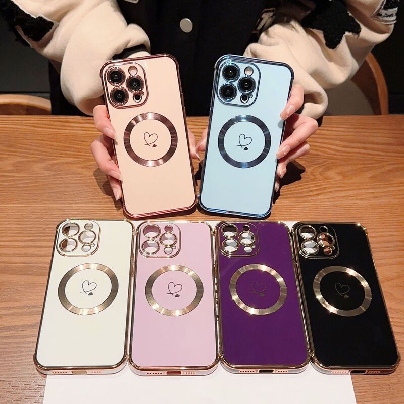 Cross-Border New Product Suitable for Iphone17 Magnetic Case Apple 15 Electroplated Side Double Heart Mobile Phone Case 16 Protective Cover