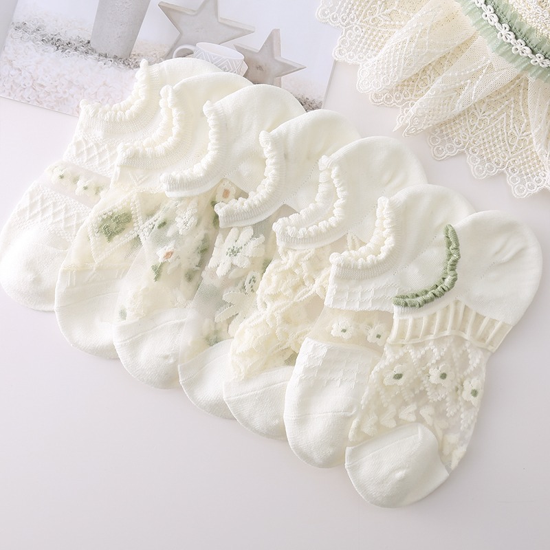 Floral Silk Stockings Women's Short Stockings Women's Instagram Fashionable Boat Socks Women's Short Socks Summer Thin Transparent Crystal Invisible Socks