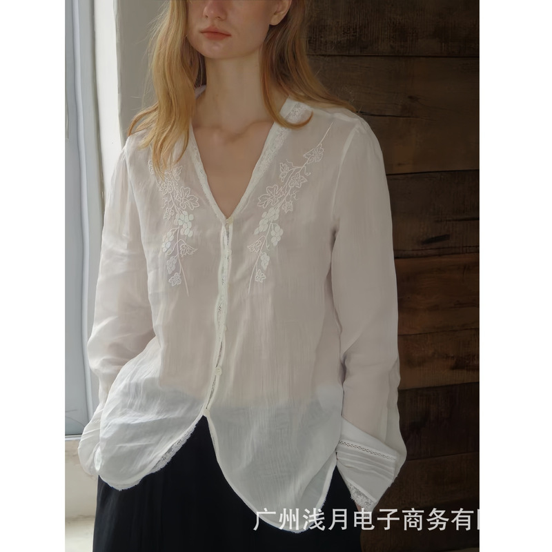 Nice Peopel 2026Ss Ramie French Embroidery V-Neck Translucent Lace Shirt