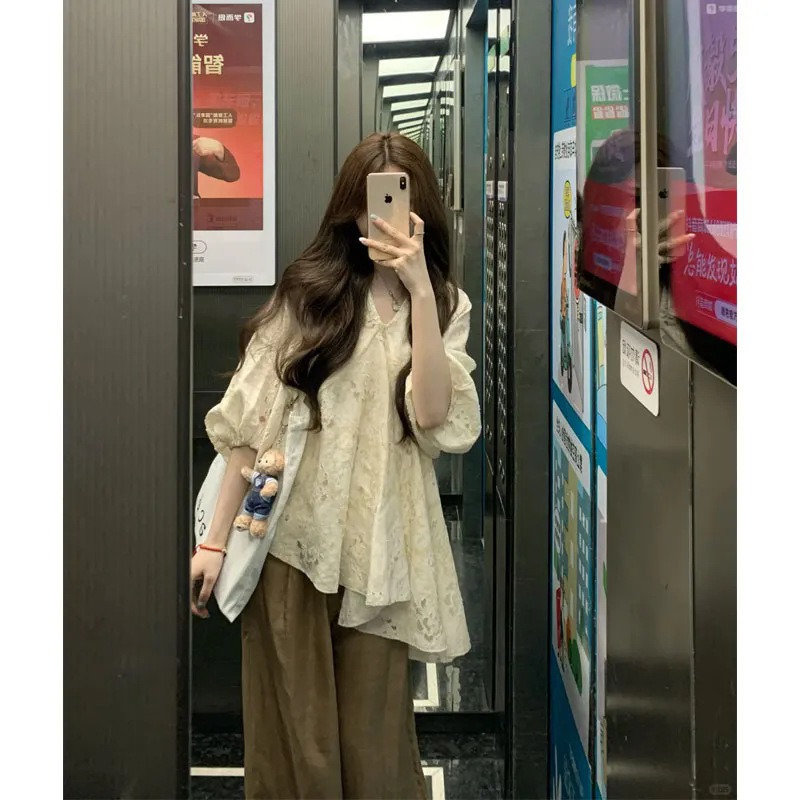 シングルピース/2025 新しい夏の女性のための新しい中国風のルーズ中空シャツトップワイドレッグパンツトレンディ|undefined