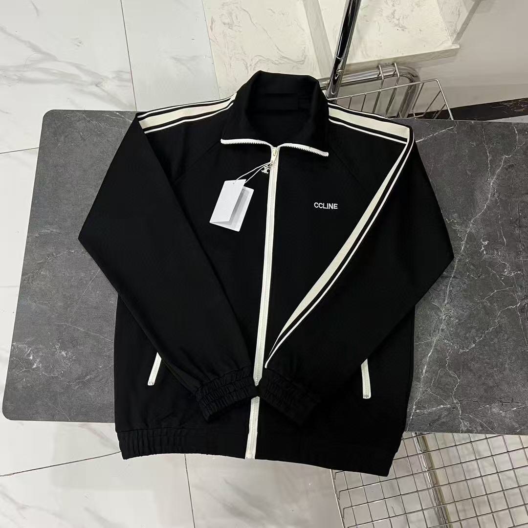 In-Stock Cross-Border High-End C Brand Men's and Women's Cel Retro Stand-Up Collar Zipper Sports Embroidered Letter Webbing Set