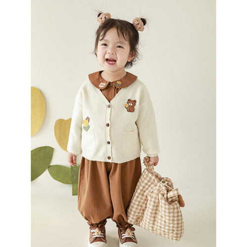 丘哆萌儿童朵小熊系列套装春夏新款女童韩版马甲外套宝宝时尚衬衫