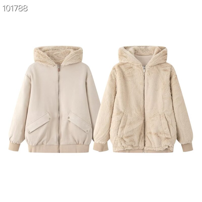 Pb&Za Women's 2025 Autumn New Artificial Fur Effect Double-Sided Hooded Jacket 0304628