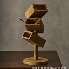 新款办公木质笔筒盒可旋转画画彩笔置物架实木斜插式笔筒底座摆件