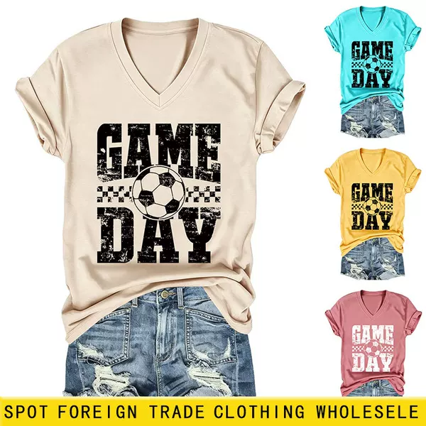 Amazon Ebay Independent Site Casual Fashion Women's Game Day Football Plaid Hollow V-Neck Short-Sleeve T-Shirt
