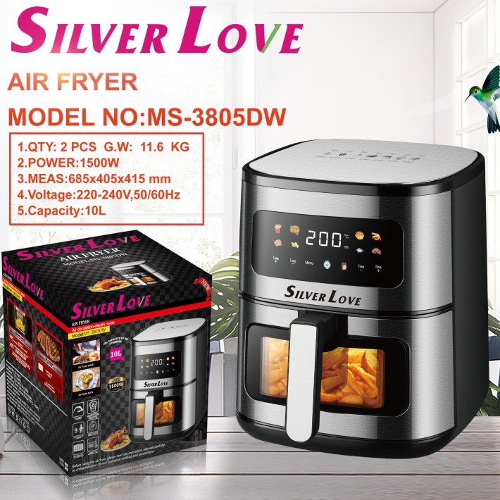 Foreign Trade Export Household 1500W High-Power Air Fryer 10L Large-Capacity Smart Touch Visual Electric Fryer