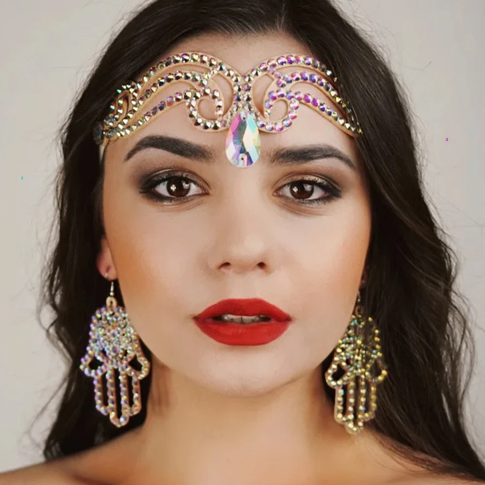 Exótico rhinestone gota de agua frente cadena europea y americana exagerada tocado de Halloween todo-fósforo joyería headwear