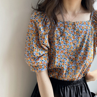Korean Style Small Fresh Floral Chiffon Shirt for Women with Summer Short Sleeves, Sweet Design and Pastoral Style