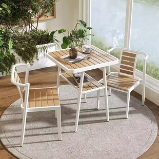 Courtyard Balcony Simple Outdoor Waterproof Iron Art Small Apartment Sun Protection Plastic Wood Open-Air Combination Table and Chair Leisure Set