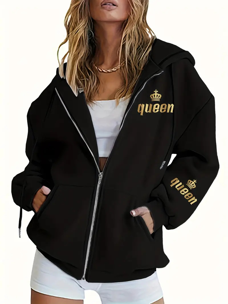 Women's European American Style Letter Print Hooded Sweatshirt Zip Up Casual Fashion Jacket Autumn Winter Print_ecoleips.com