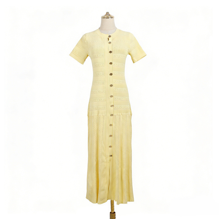 Summer New Style Hollow-Out Knit Dress in Stock Wholesale Round Neck Short Sleeve Single-Breasted Waist-Cinching Slit Long Dress