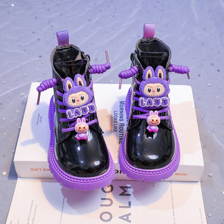 Girls' Boots Side Zipper Autumn and Winter Kuromi Princess Style Mid-Calf Boots Bright Leather Waterproof Soft Sole Girls Fashion Shoes