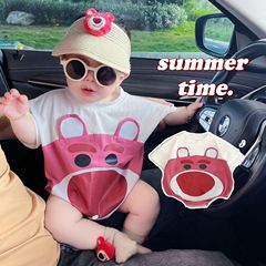 Baby Triangle Undershirt for 0-2 Years Old, Trendy for Boys and Girls, Summer Short Sleeve Soft Design with Red Berry Bear Print Climbing Suit