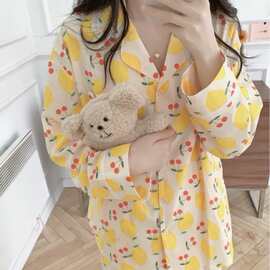 韩国ins女士春季新款韩版开衫长袖长裤柠檬樱桃睡衣套装家居服女