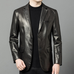 Genuine Leather Men's Spring Autumn and Winter New High-end Oil Wax Sheepskin Jacket Fashion Suit Collar Casual Single Suit