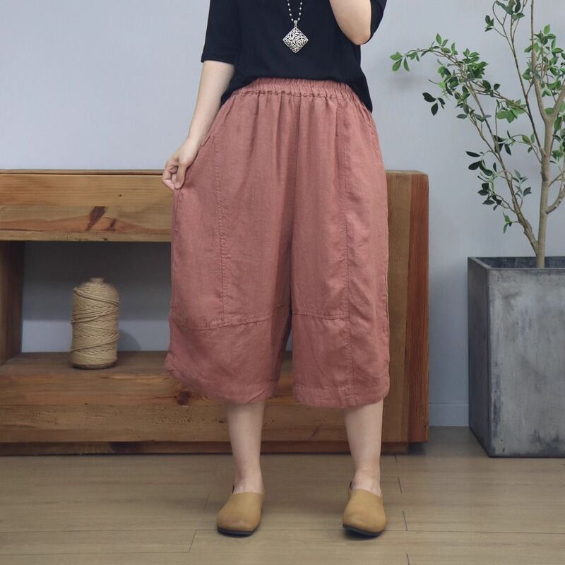 2025 Summer New Cotton and Linen Cropped Pants for Women, Loose Elastic Waist, Casual, Simple and Versatile Wide-Leg Pants, Plus Size Women's Clothing