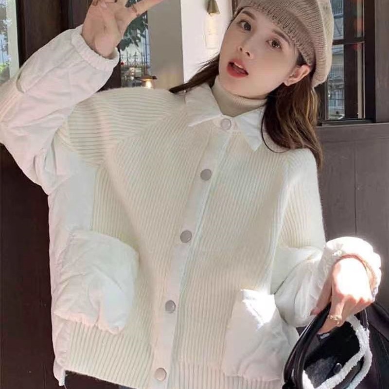 大码胖mm200斤设计感棉服拼接毛衣开衫女厚短款秋冬新款慵懒外套