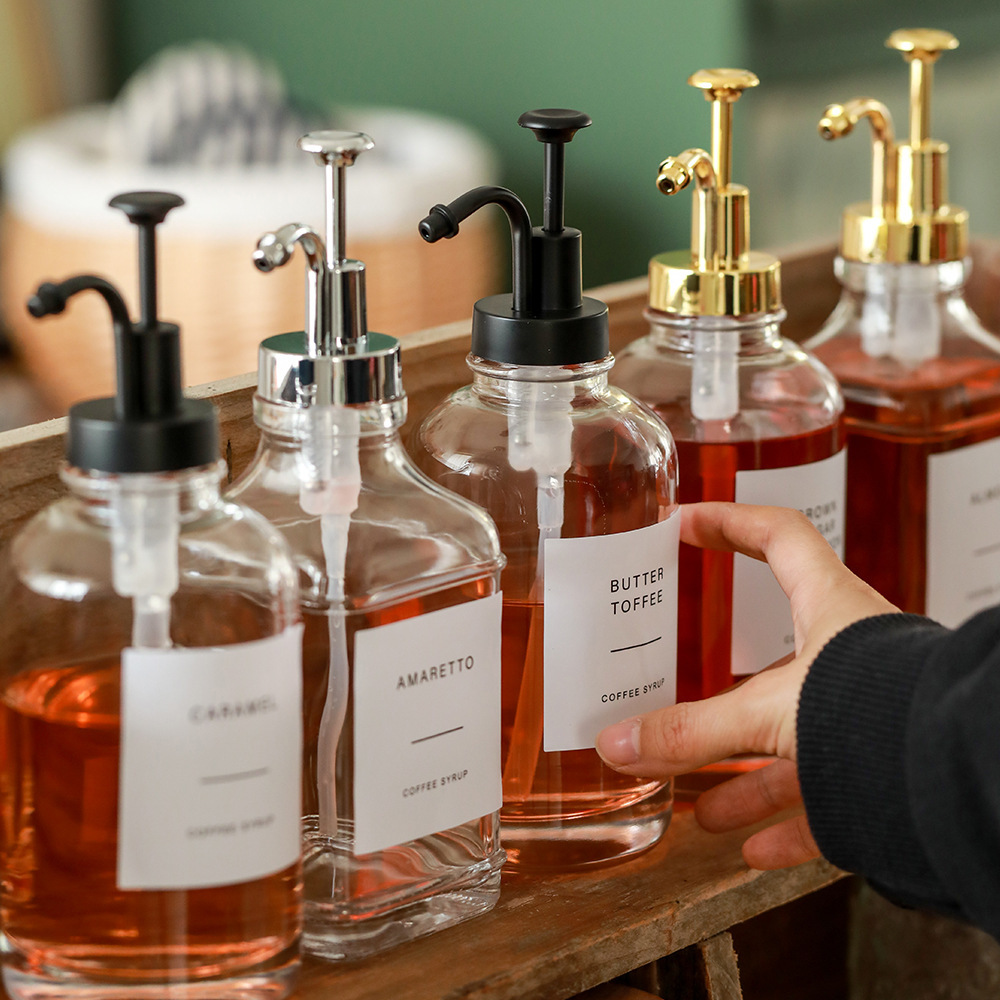 热销跨境咖啡糖浆分配玻璃泵瓶晶白料500ml按压头糖浆分配器套装