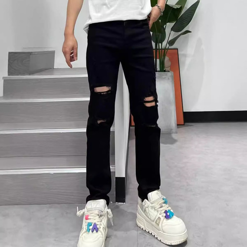 2024 Summer New Holey Denim Jeans for Men Trend Brand Slim Straight 9-Hole Pants Korean Style Fashion Matchable Long Pants