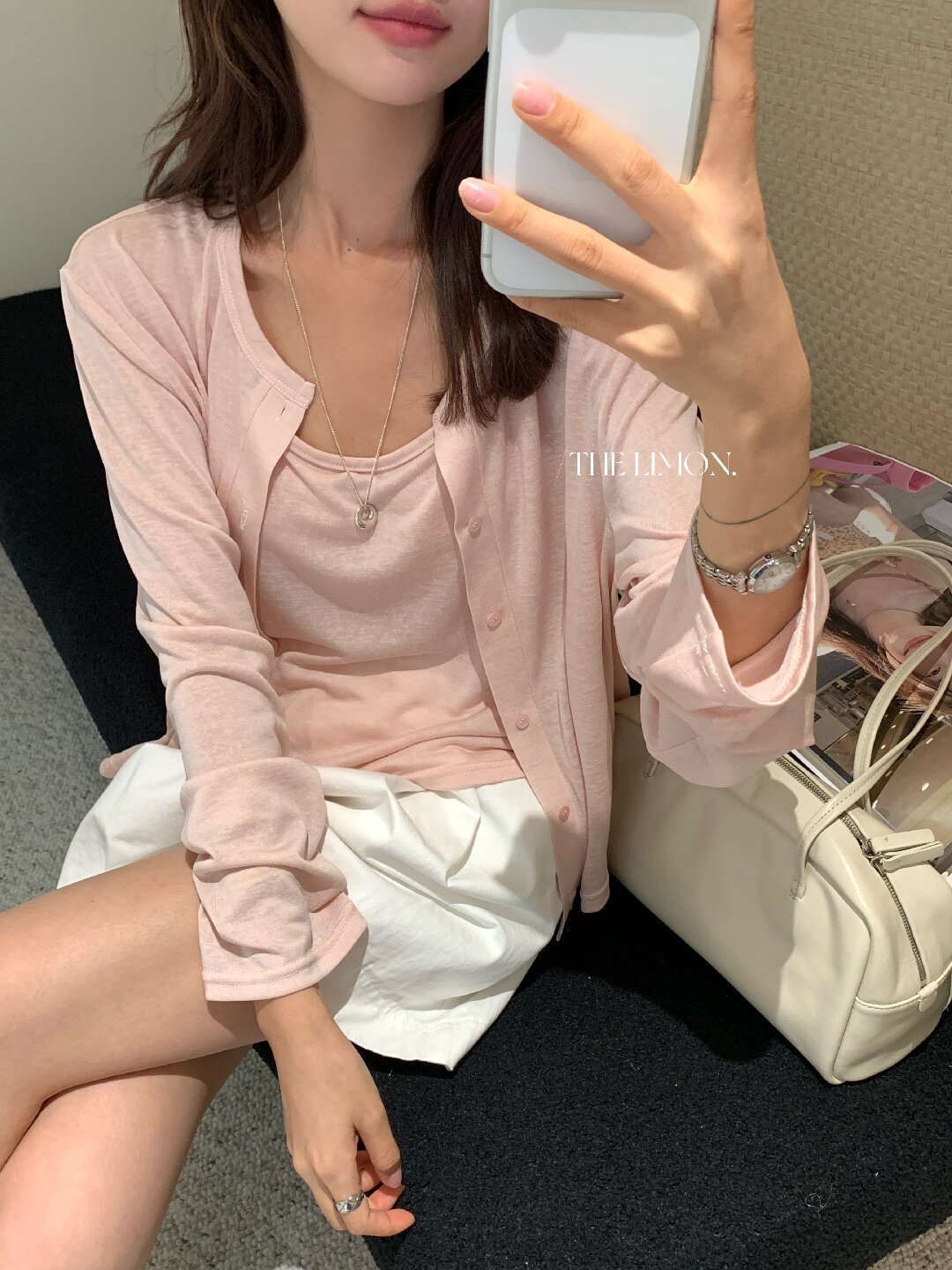 Bộ cardigan len mỏng kèm áo hai dây hai mảnh nữ mùa hè — Xám cacbon, xanh lam, màu hồng, Đậu xanh chi tiết 90