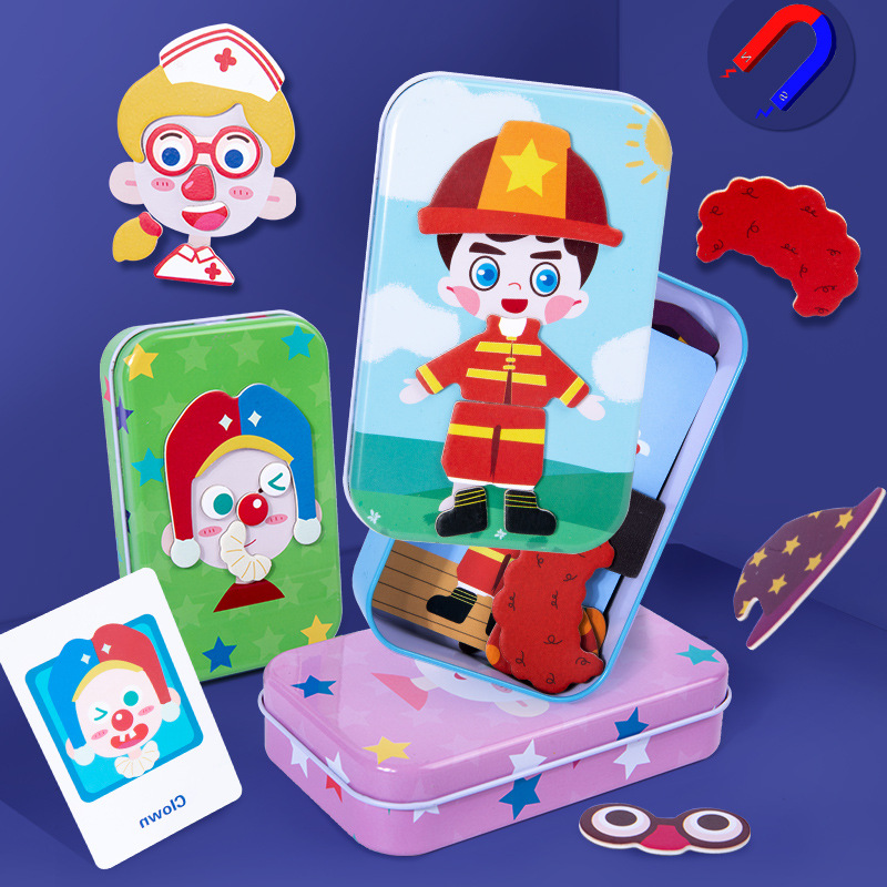 Caja de hierro para bebés Variedad Juego de disfraces Rompecabezas de expresión magnética Educación temprana para niños y niñas Juguetes de pegatinas magnéticas