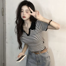 辣妹条纹针织T恤女夏季2025新款复古polo领修身显瘦薄款短袖上衣