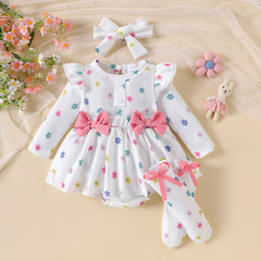 Amazon ヨーロッパとアメリカの新しい夏の女の赤ちゃんスーツ幼児と幼児の花柄プリントローブとスカート + 帽子 + ソックス