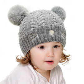 宝宝帽子2021新款秋冬帽子女婴儿可爱卡通猫咪加绒双球毛线针织帽