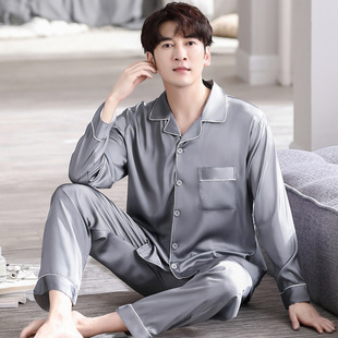 Men's Pajamas Autumn and Winter Long-Sleeved Thin Ice Silk Korean Style Plus Fat Plus Size Youth Casual Home Wear Set